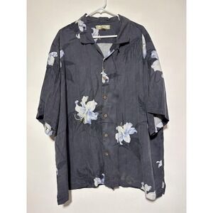 Tommy Bahama Mens 2XL Gray 100% Silk Hawaiian Floral Wood Button Front Shirt